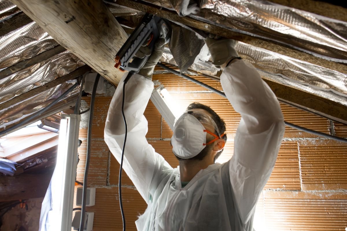 A man wearing a white coat and mask is engaged in work on a roof, demonstrating safety and professionalism.