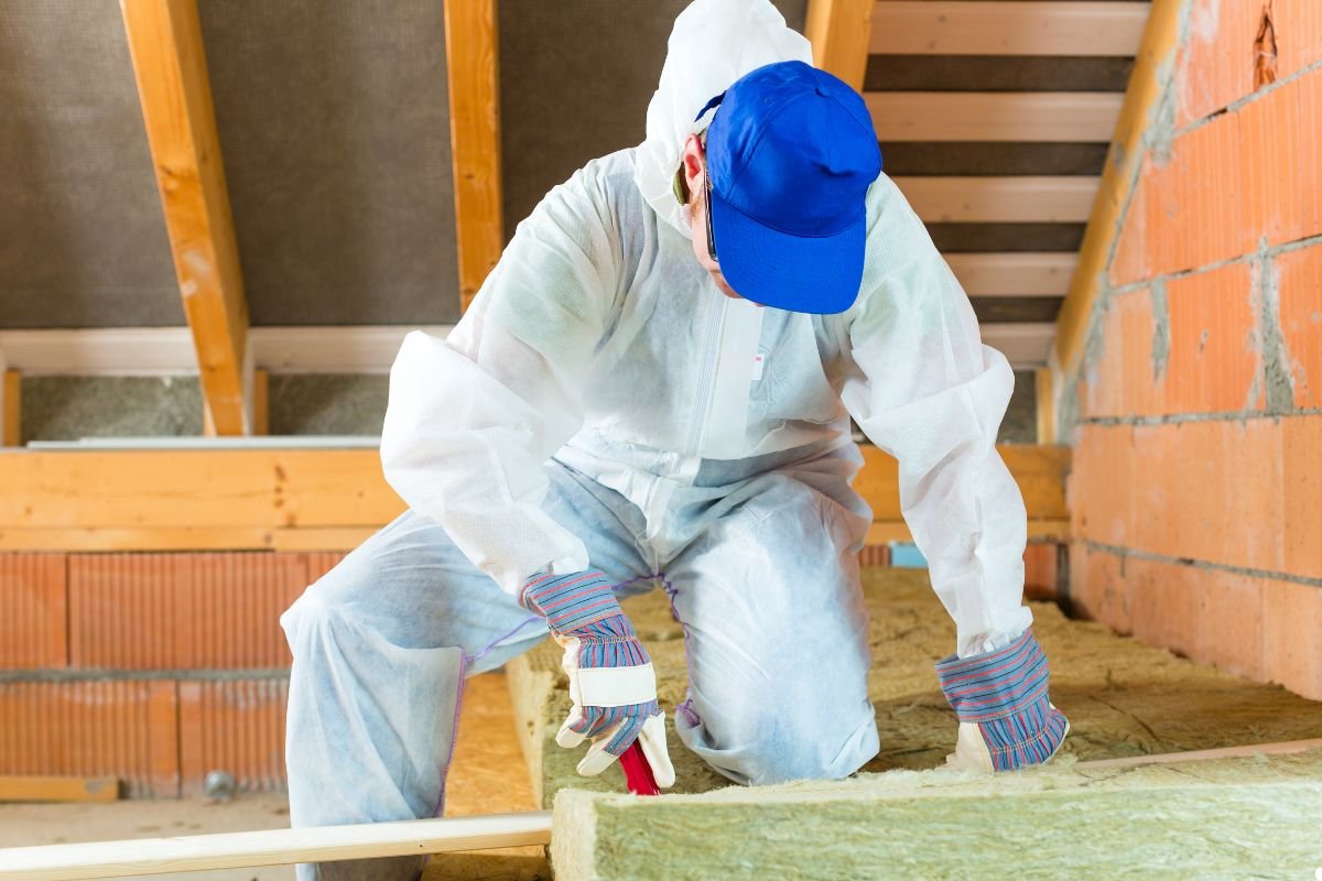 A man in a white suit and hat installs insulation, focused on his task in a well-lit construction area.